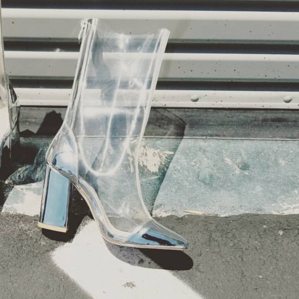 Silver Clear Pointy Toe Chunky Heel Boot - Picture 2 of 2